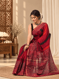 Classic Block Print Mul Chanderi Saree | Red