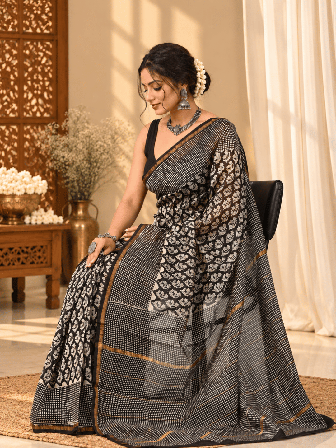 Classic Block Print Mul Chanderi Saree | Black