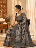 Classic Block Print Mul Chanderi Saree | Black