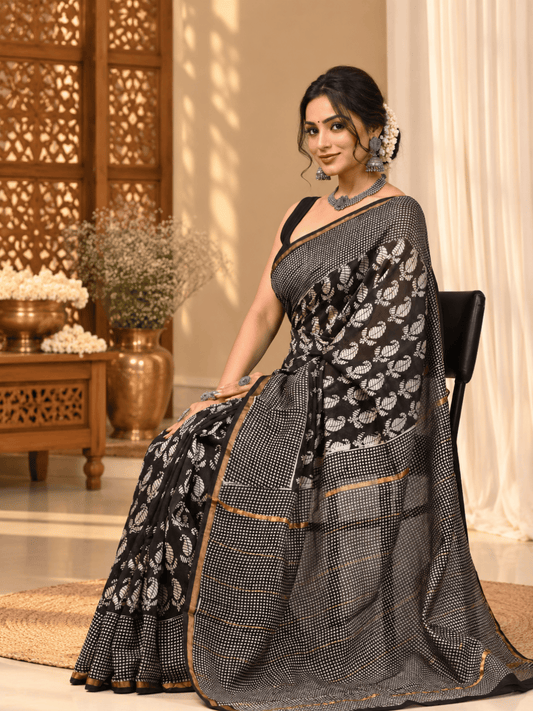 Classic Block Print Mul Chanderi Saree | Black