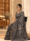 Classic Block Print Mul Chanderi Saree | Black