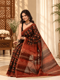 Classic Block Print Mul Chanderi Saree | Black