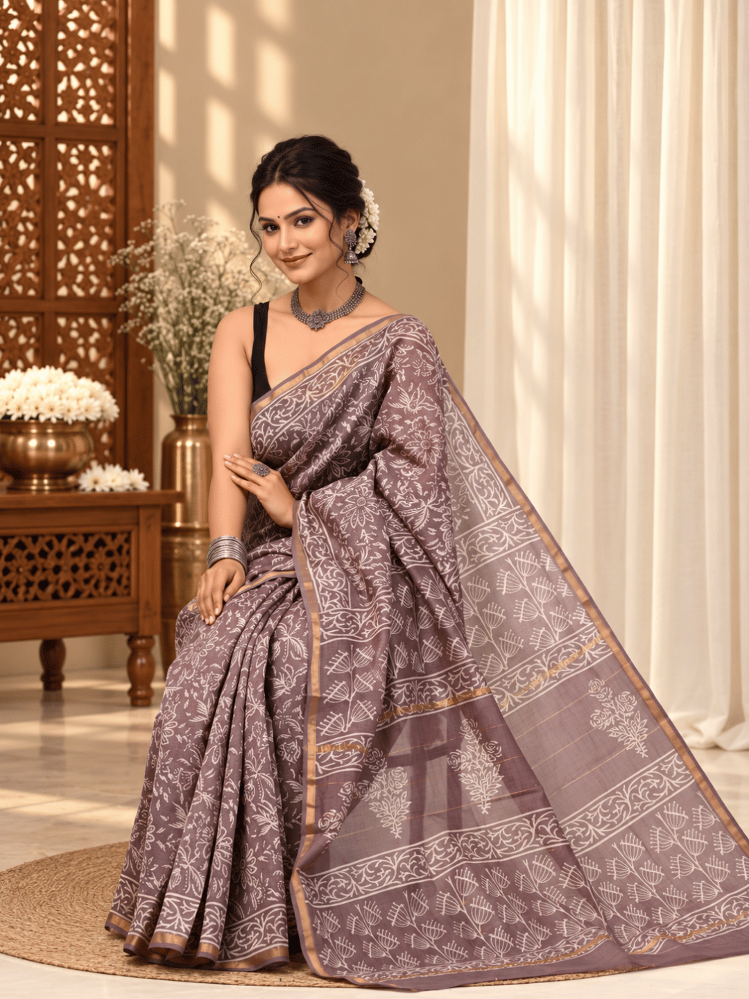Classic Block Print Mul Chanderi Saree | Purple