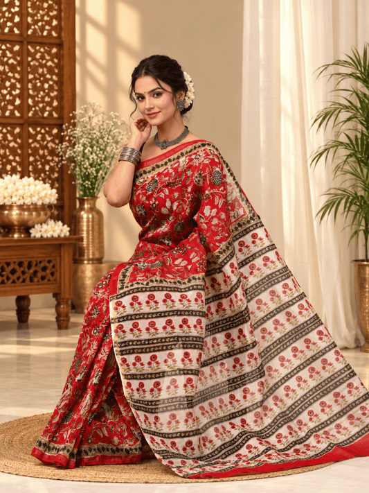 Classic Block Print Mul Chanderi Saree | Red