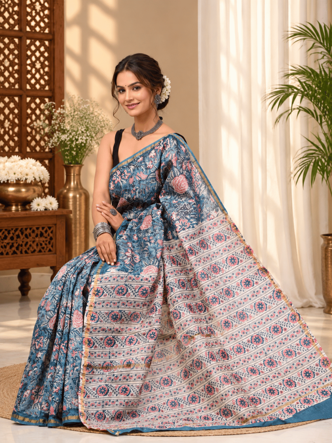 Classic Block Print Mul Chanderi Saree | Blue