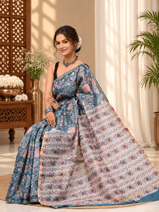 Classic Block Print Mul Chanderi Saree | Blue