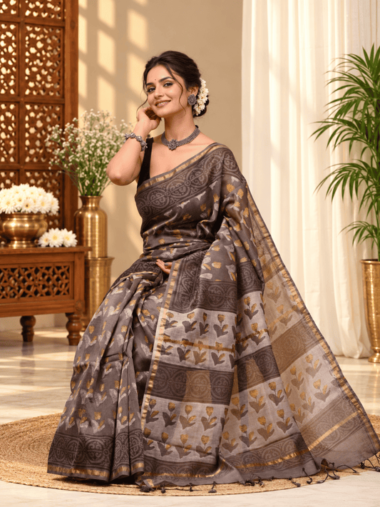 Classic Block Print Mul Chanderi Saree | Brown