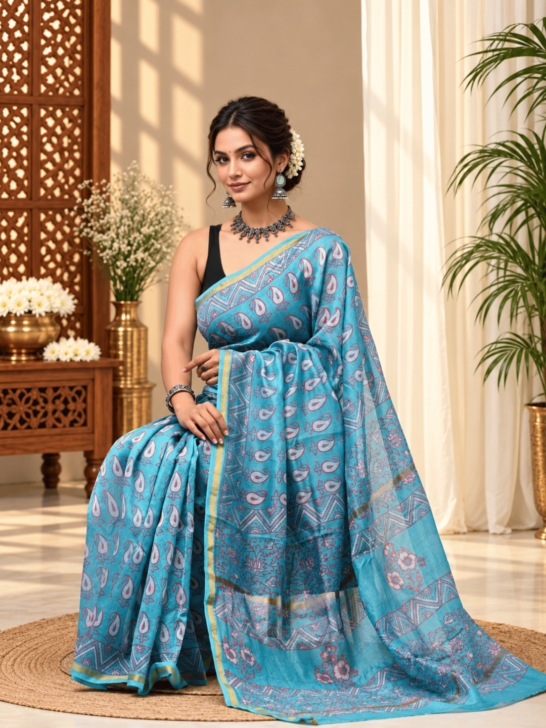 Classic Block Print Mul Chanderi Saree | Blue
