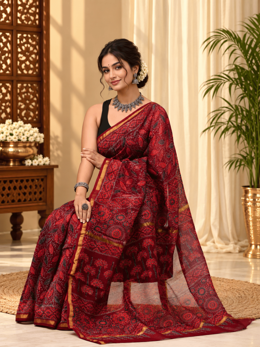 Classic Block Print Mul Chanderi Saree | Red