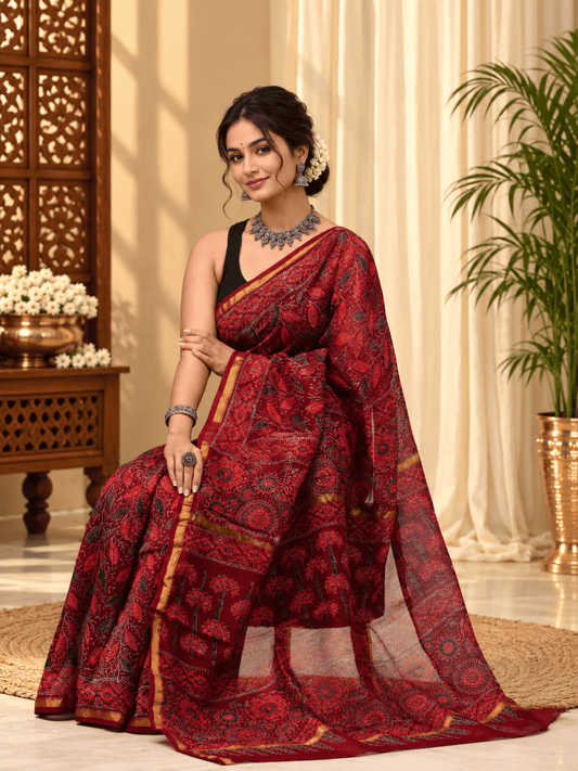 Classic Block Print Mul Chanderi Saree | Red