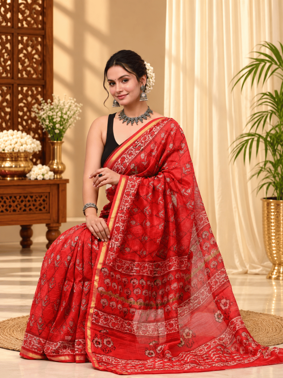 Classic Block Print Mul Chanderi Saree | Red