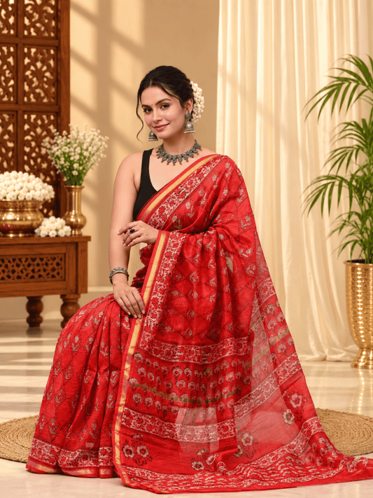 Classic Block Print Mul Chanderi Saree | Red