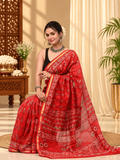 Classic Block Print Mul Chanderi Saree | Red
