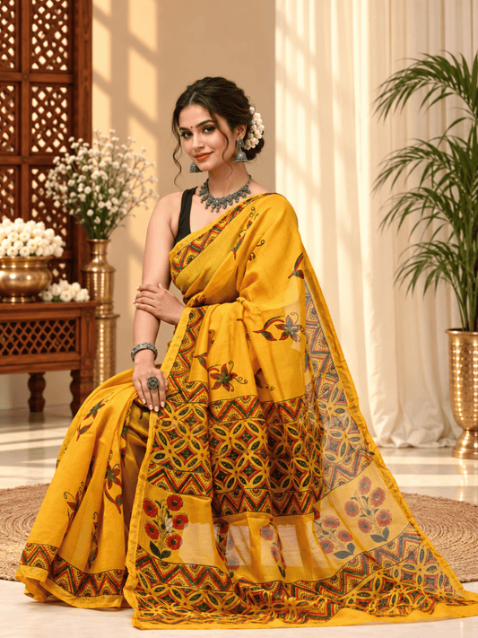 Classic Block Print Mul Chanderi Saree | Yellow