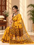 Classic Block Print Mul Chanderi Saree | Yellow