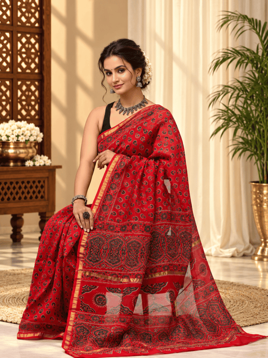 Classic Block Print Mul Chanderi Saree | Red