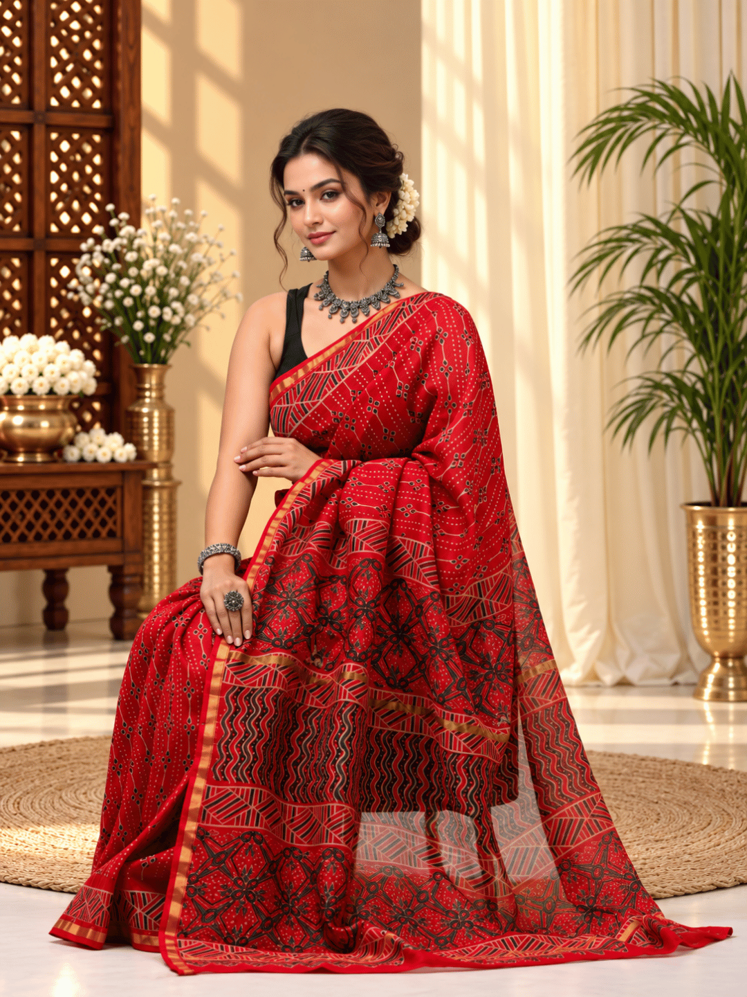 Classic Block Print Mul Chanderi Saree | Red