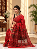 Classic Block Print Mul Chanderi Saree | Red