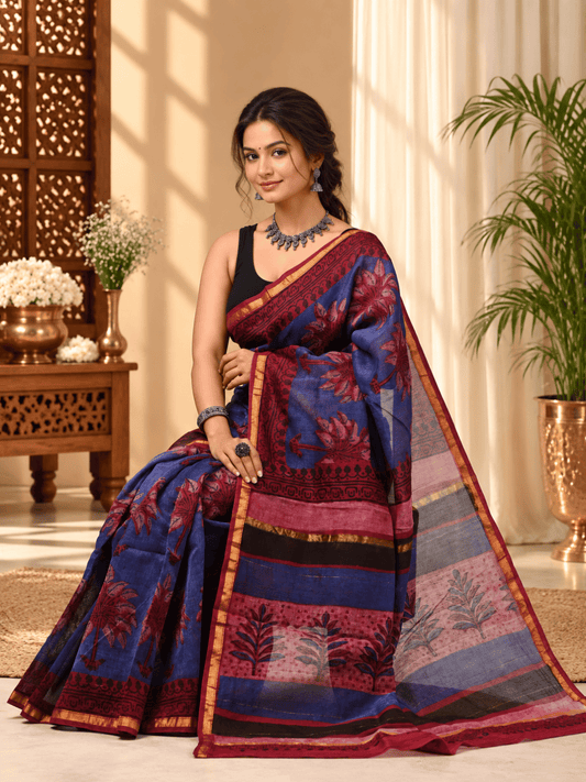 Classic Block Print Mul Chanderi Saree | Navy
