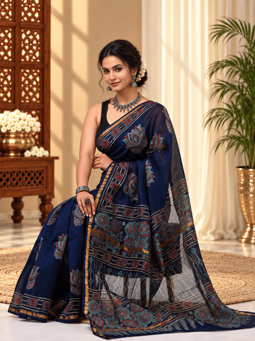 Classic Block Print Mul Chanderi Saree | Navy