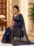 Classic Block Print Mul Chanderi Saree | Navy