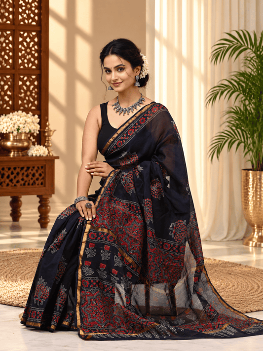 Classic Block Print Mul Chanderi Saree | Black