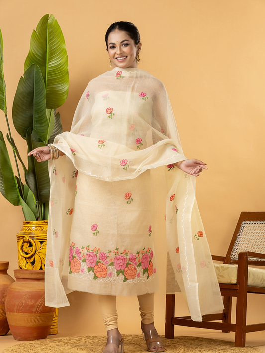 Classic Kota Doria Cotton Unstitched 2-Piece Kurti | Cream