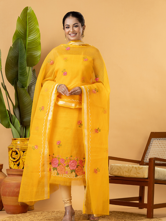 Classic Kota Doria Cotton Unstitched 2-Piece Kurti | Marigold Yellow