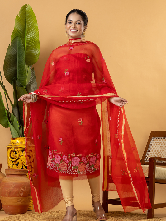Classic Kota Doria Cotton Unstitched 2-Piece Kurti | Red