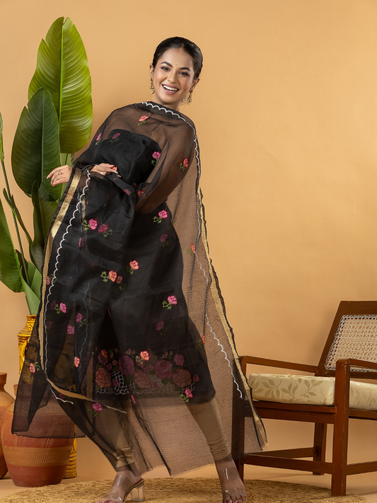 Classic Kota Doria Cotton Unstitched 2-Piece Kurti | Black