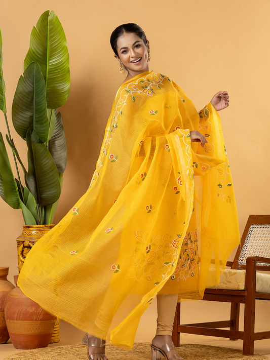Classic Kota Doria Cotton Unstitched 2-Piece Kurti | Marigold Yellow