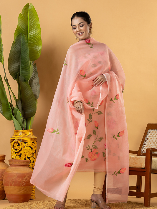 Classic Kota Doria Cotton Unstitched 2-Piece Kurti | Peach