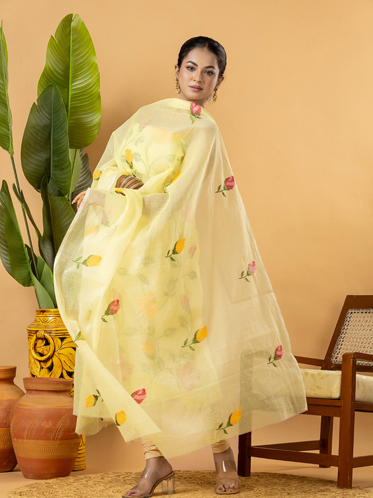 Classic Kota Doria Cotton Unstitched 2-Piece Kurti | Lemon Yellow