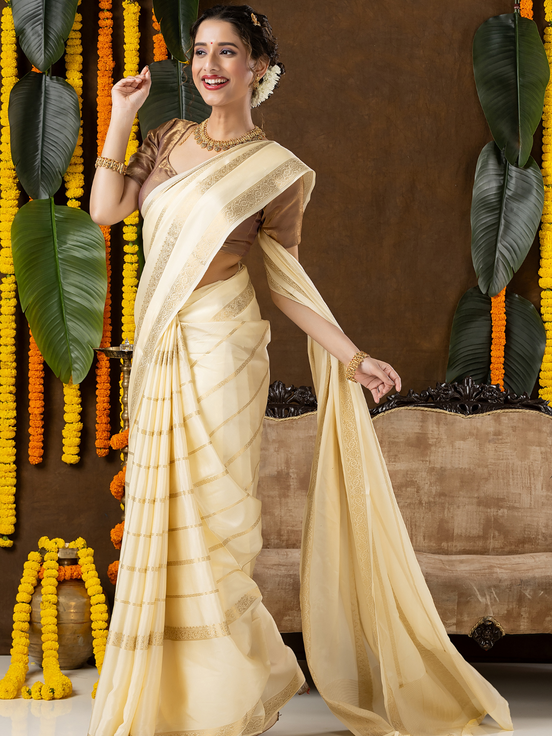Classic Mysore Semi Silk Saree | Cream | Long Zari Lines with Mysore Silk Border
