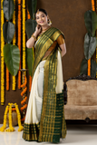 Classic Mysore Semi Silk Saree | White and Green | Plain Body with Grand Zari Border