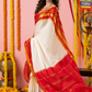 Classic Mysore Semi Silk Saree | White and Red | Plain Body with Zari Stripes
