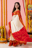 Classic Mysore Semi Silk Saree | White and Red | Plain Body with Zari Stripes