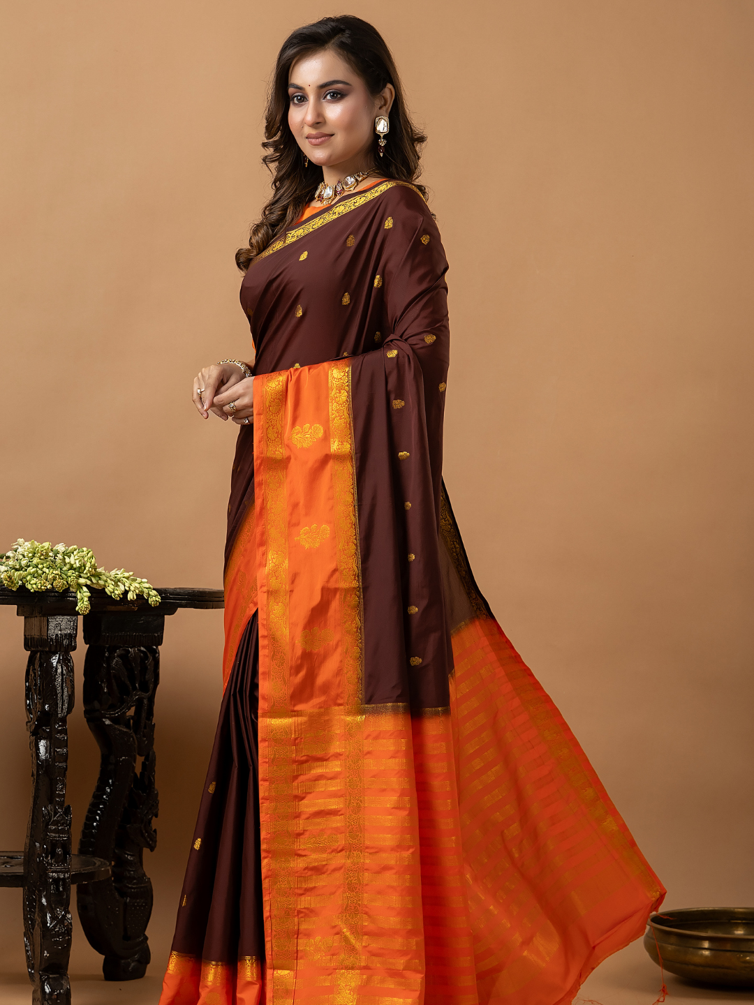 Classic Mysore Semi Silk Saree | Chocolate Brown