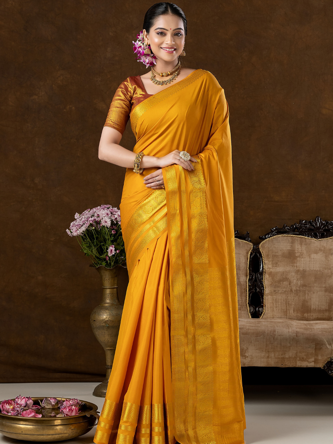 Classic Mysore Semi Silk Saree | Mustard Gold