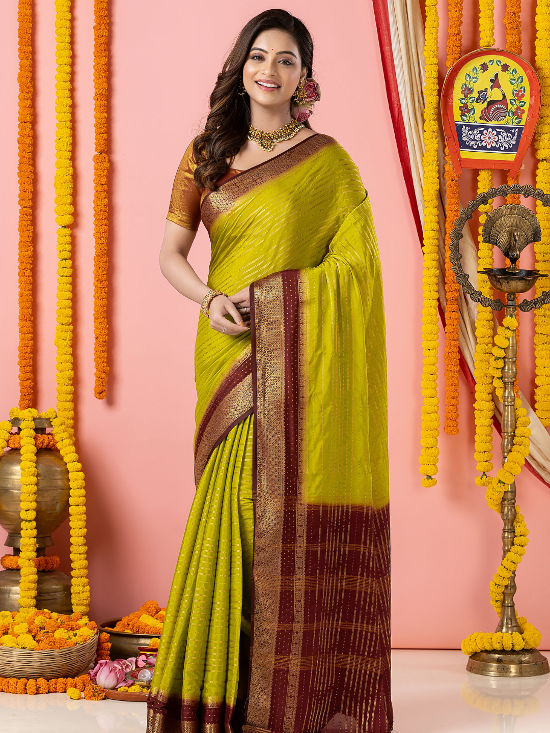 Classic Mysore Semi Silk Saree | Lime Olive Green