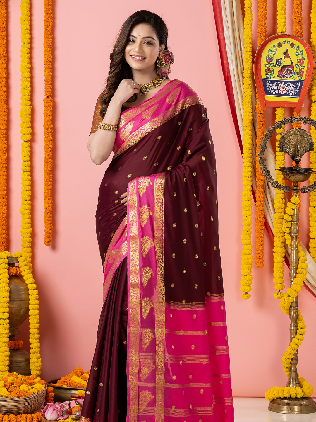 Classic Mysore Semi Silk Saree | Deep Wine