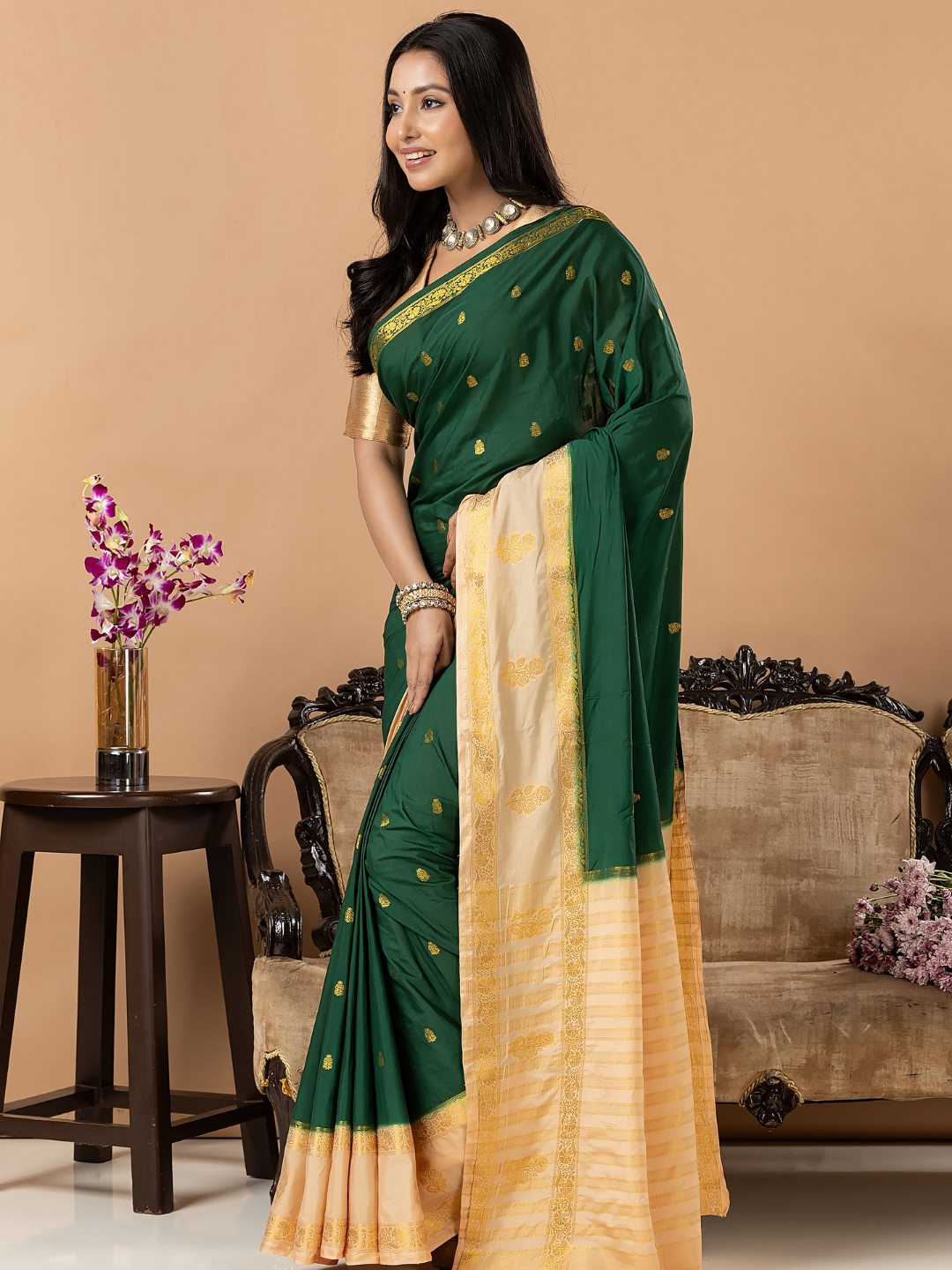 Classic Mysore Semi Silk Saree | Dark Green