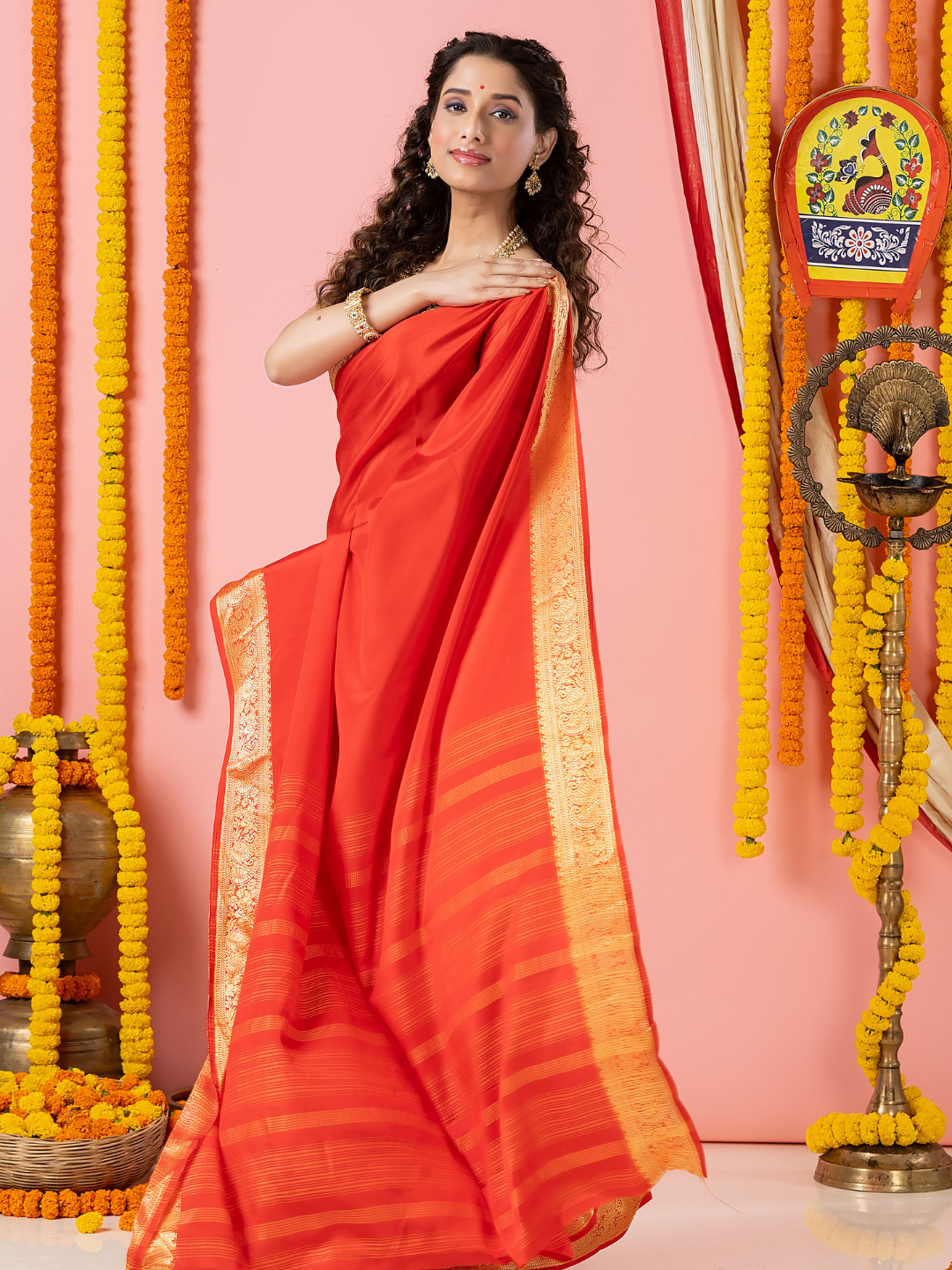 Classic Mysore Semi Silk Saree | Coral Orange