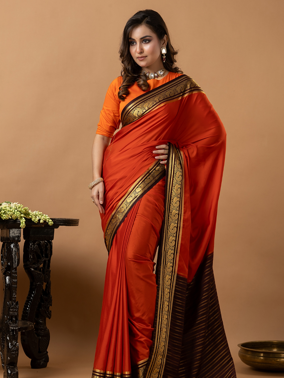 Classic Mysore Semi Silk Saree | Burnt Orange