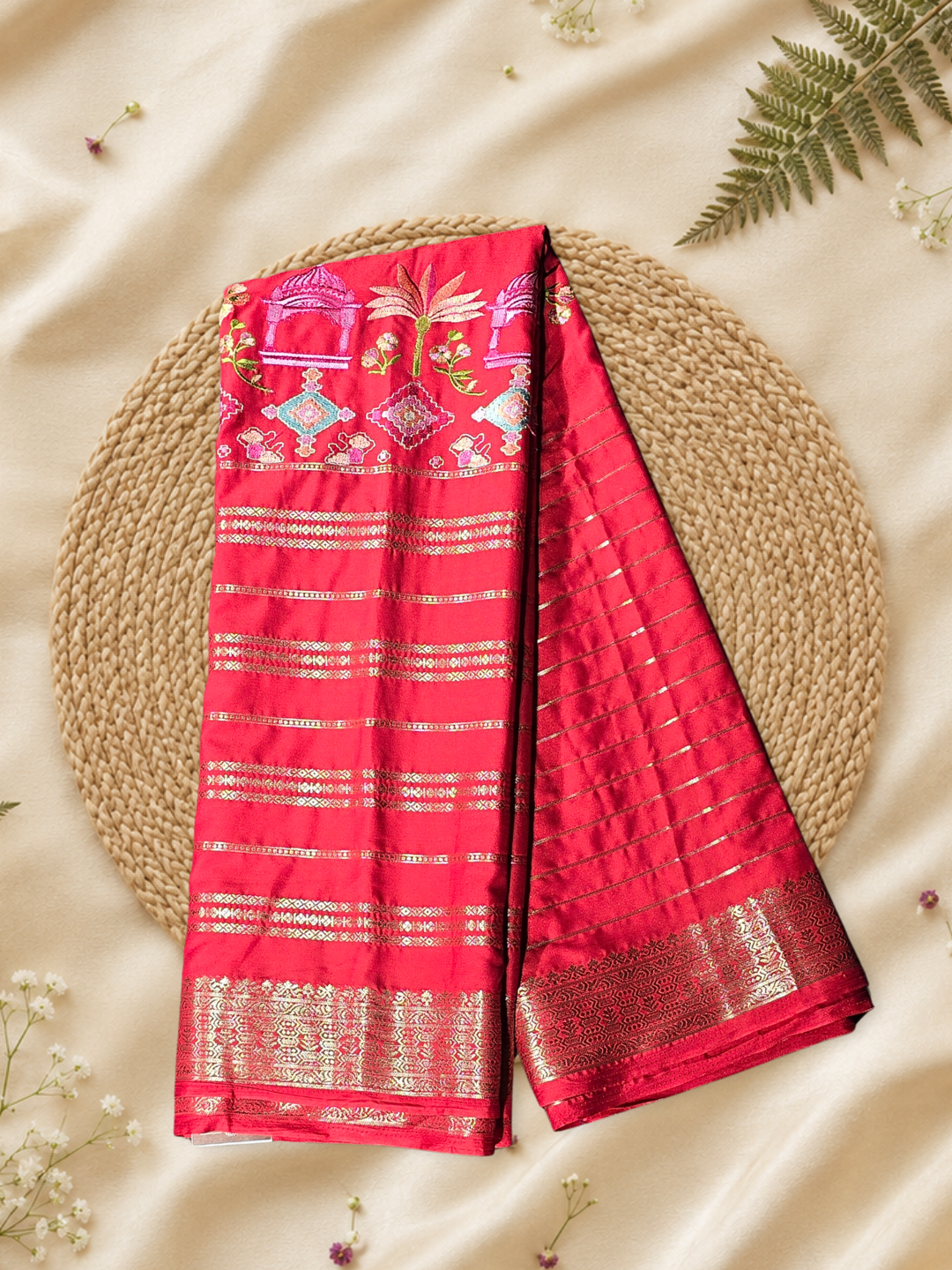 Classic Mysore Semi Silk Saree | Coral Red