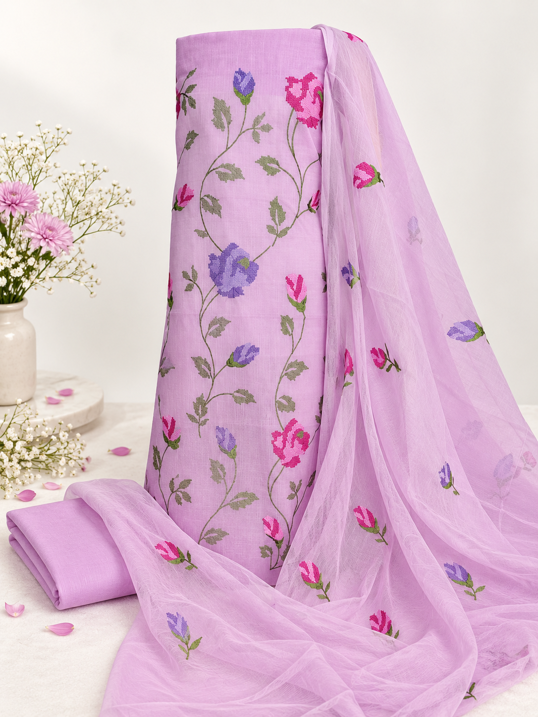 Classic Kota Doria Cotton Unstitched 2-Piece Kurti | Lilac Pink