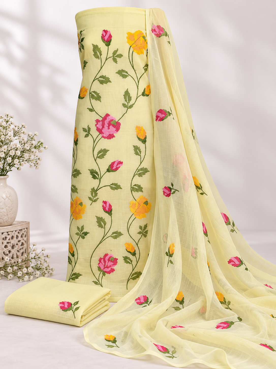 Classic Kota Doria Cotton Unstitched 2-Piece Kurti | Pastel Yellow