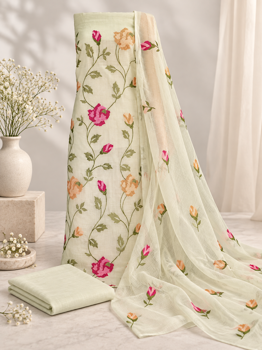 Classic Kota Doria Cotton Unstitched 2-Piece Kurti | Ivory Green