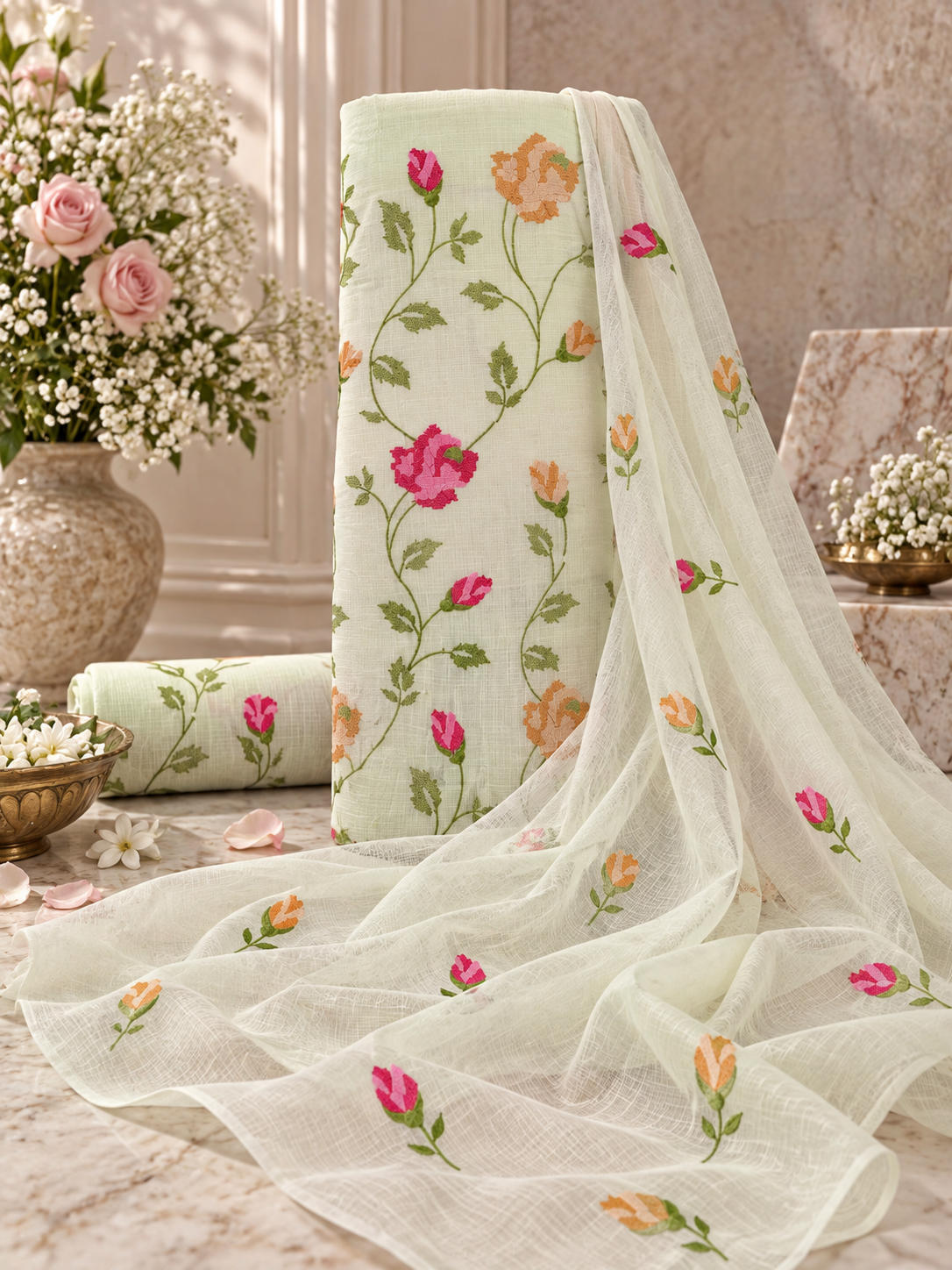 Classic Kota Doria Cotton Unstitched 2-Piece Kurti | Ivory Green
