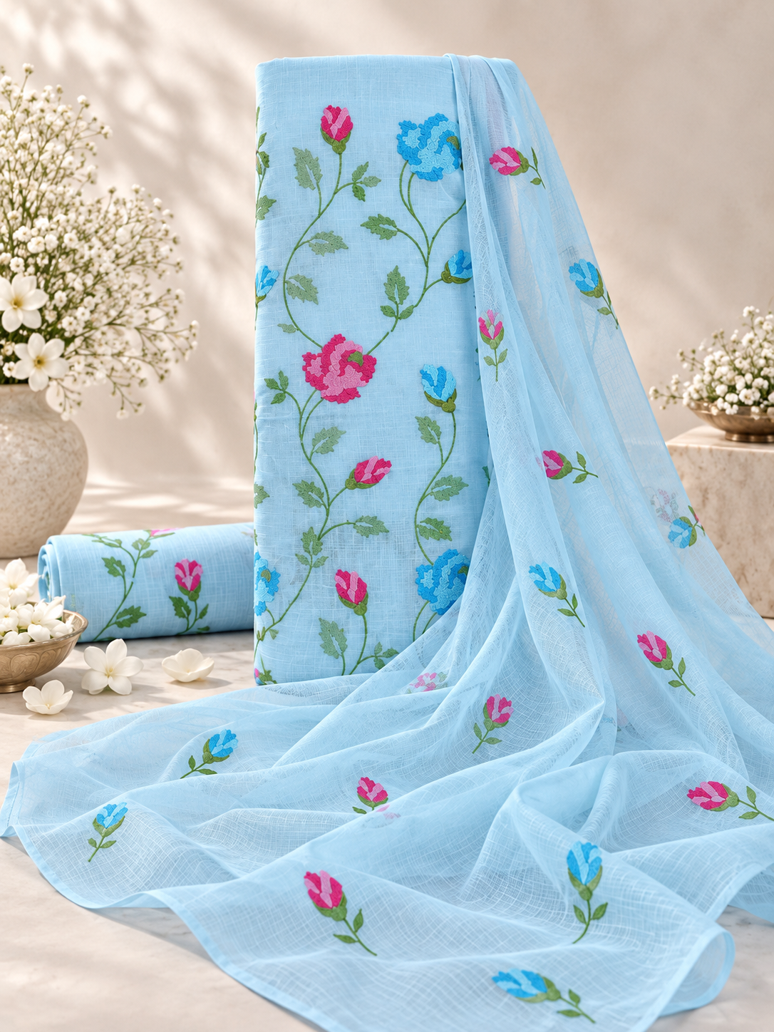 Classic Kota Doria Cotton Unstitched 2-Piece Kurti | Sky Blue